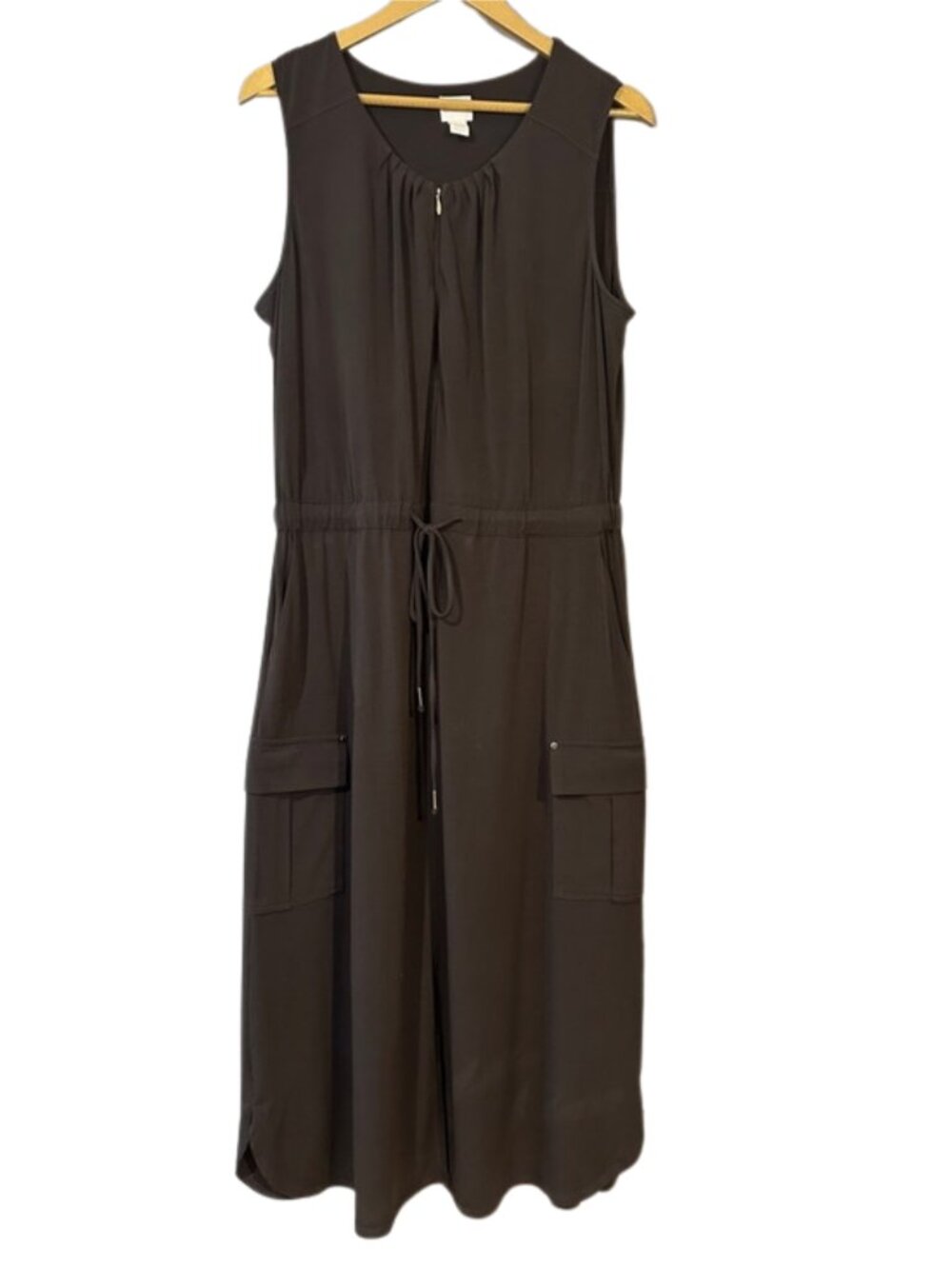 Chico’s Dark Brown Sleeveless Midi Dress | Drawstring Waist Utility w/ Pockets